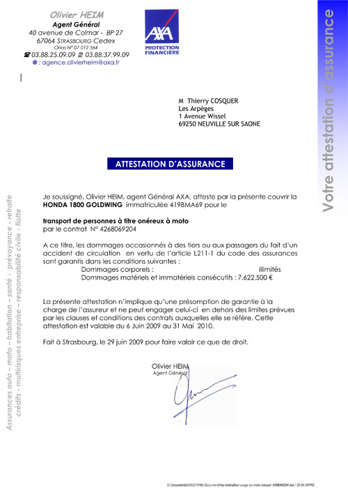 Attestation assurance - transport moto taxi